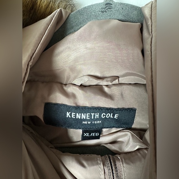 Kenneth Cole Taupe Puffer Coat Women’s XL Long Hooded Jacket Faux Fur Lined Warm - Picture 8 of 10